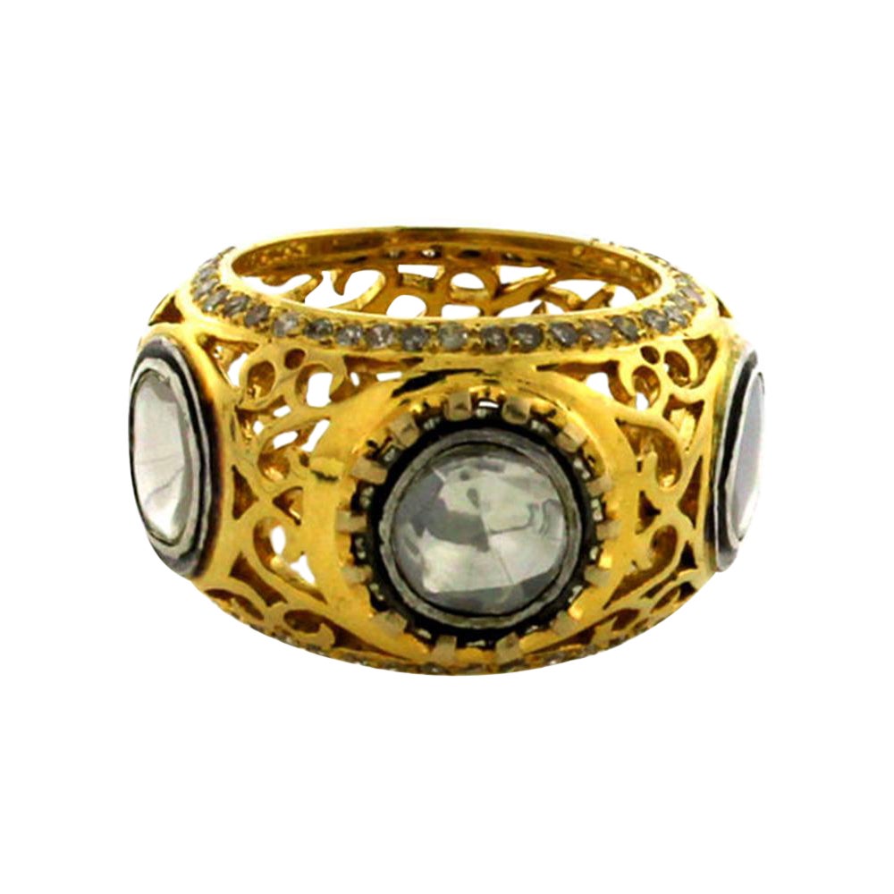 Designer-Ring aus 14 Karat Gold und Silber mit 3 Diamanten im Angebot