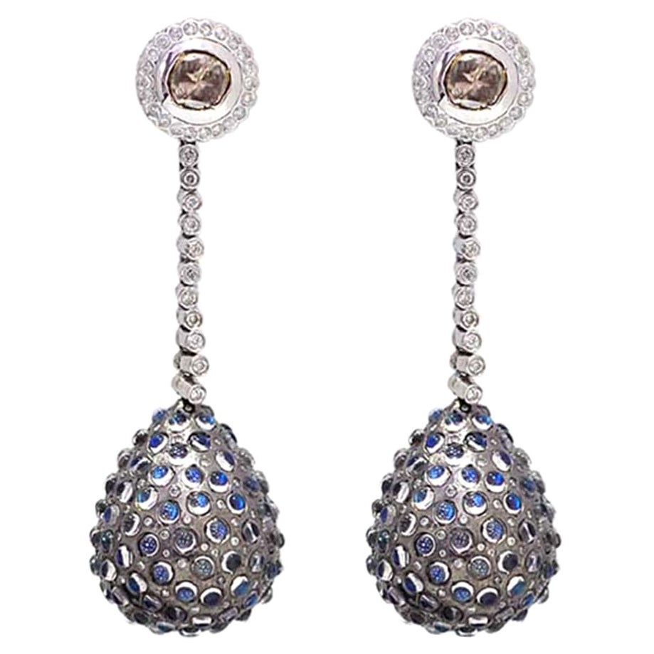 Drop Shaped Designer Diamond and Moonstone Earring in Gold and Silver