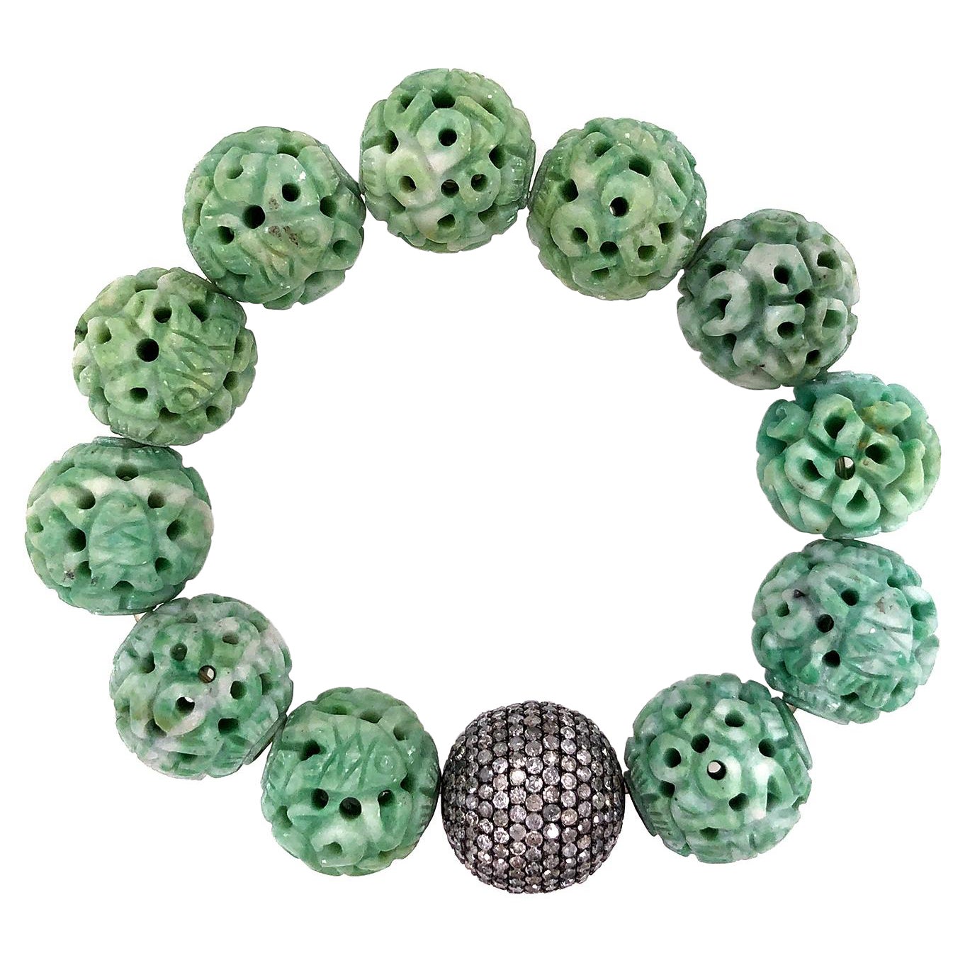 Carved Jade and Pave Diamond Stretchable Bracelet in Silver For Sale