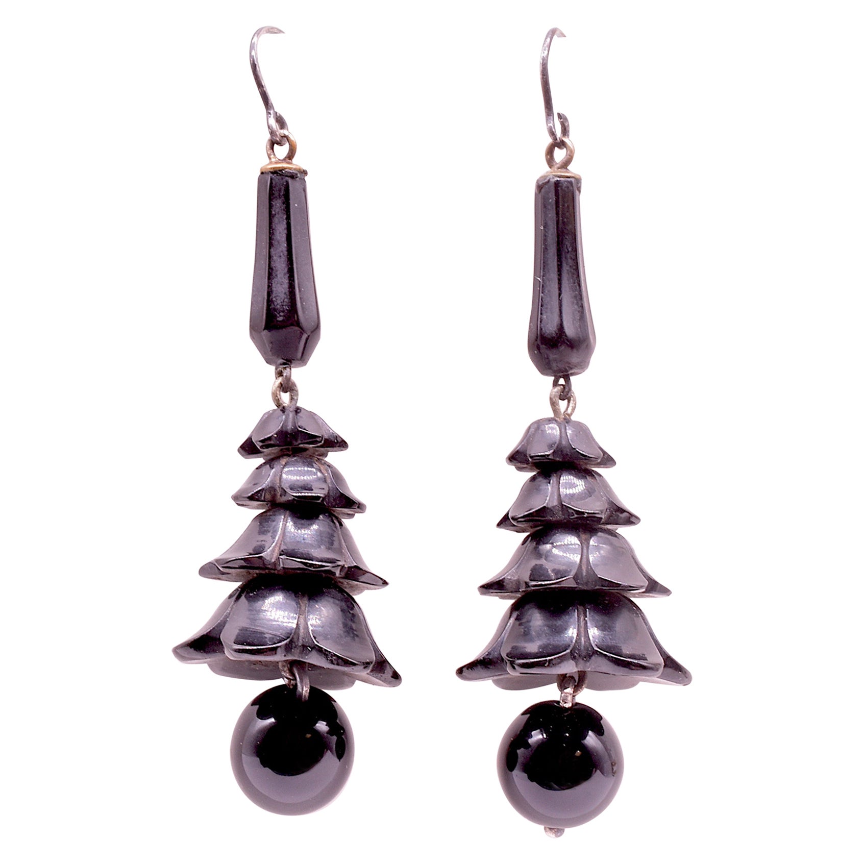 Whitby Jet Carved Earrings with Dangling Jet Balls