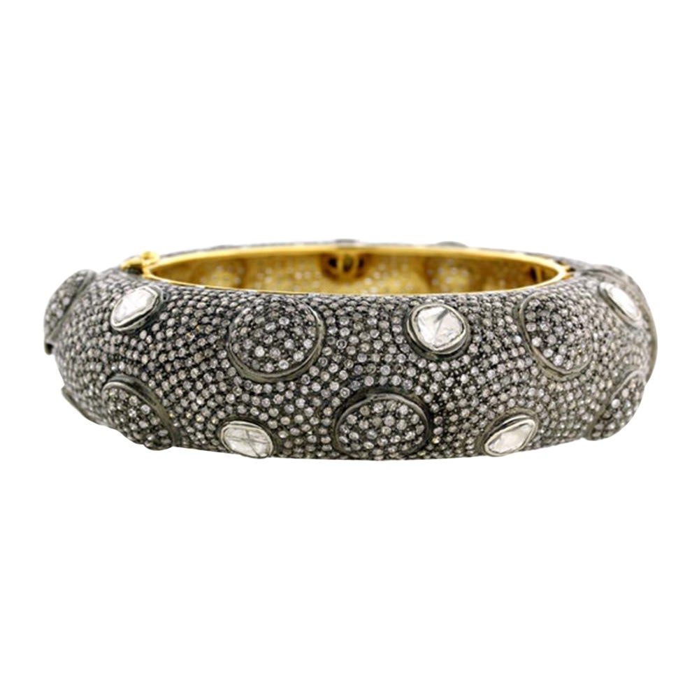Rose Cut Diamond and Pave Diamond in Silver and Gold Bangle For Sale