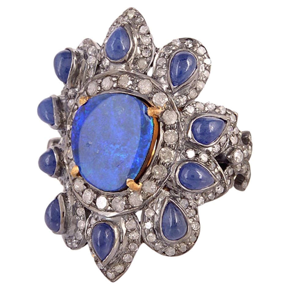 Sweet Bright Floral Design Opal Ring with Diamonds Set in 18K Gold & Silver