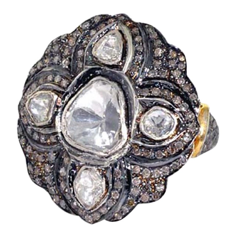 Rose Cut Diamond Ring Surrounded by Pave Diamonds Made in 14k Gold & Silver For Sale