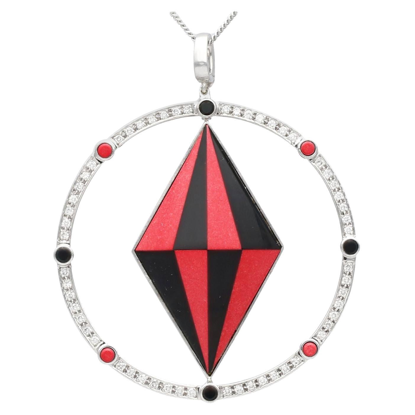 1990s Coral Onyx and 1.12 Carat Diamond White Gold Pendant