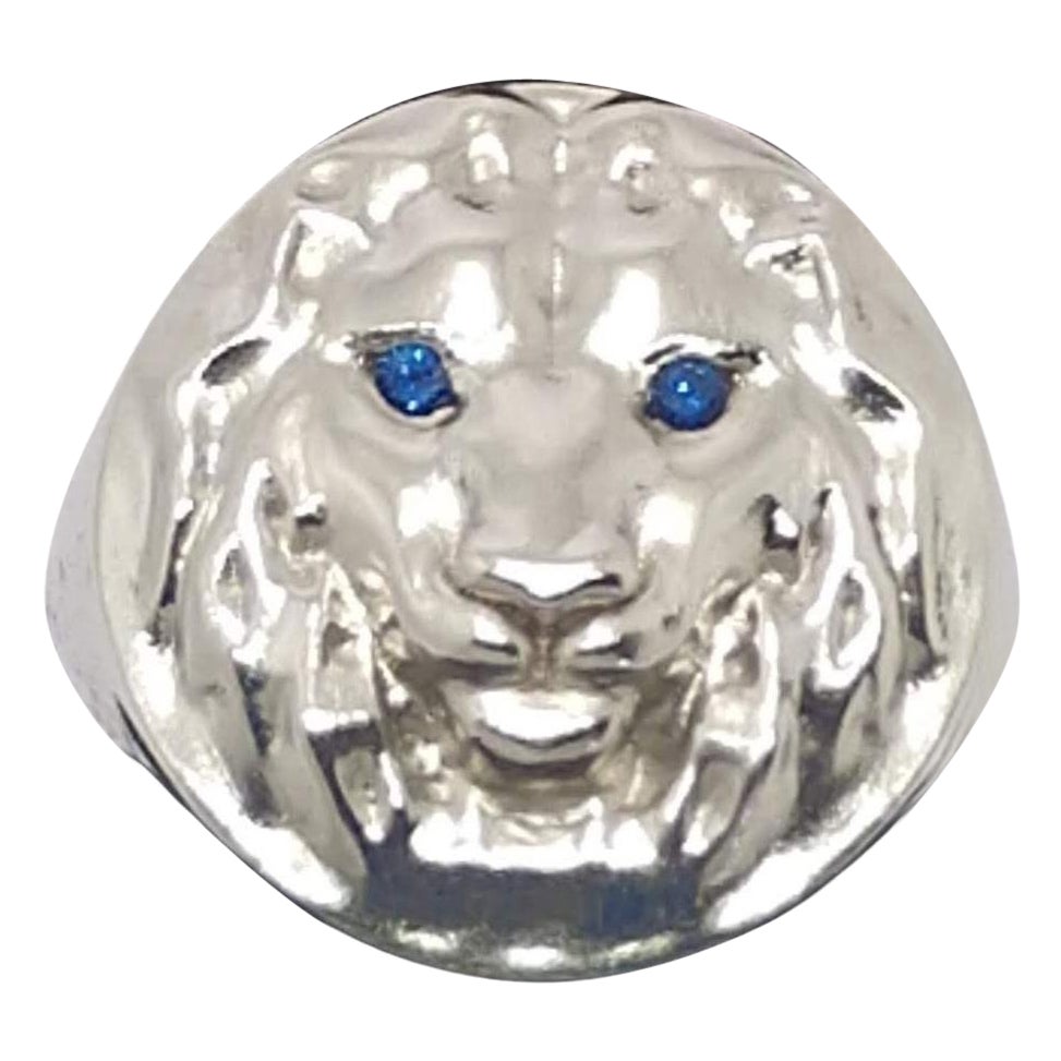 For Sale:  Platinum Sapphire Eyes Solid Lion Head Signet Ring