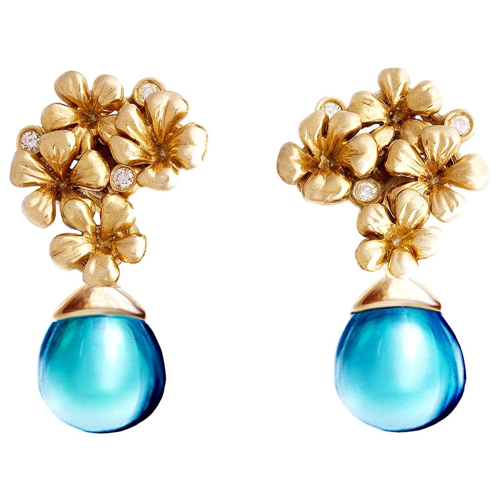 Yellow Gold Plum Flowers Contemporary Earrings with Diamonds and Topazes