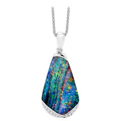 Natural Australian 14.22ct Boulder Opal Necklace in 18K White Gold with Diamonds