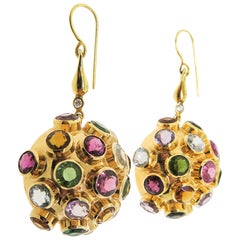 Vintage Multicolor Gemstone Diamond Gold Drop Earrings