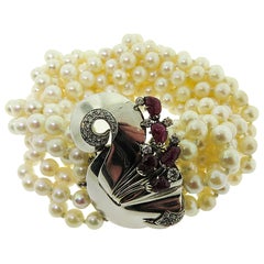 Vintage Multi-strand Pearls Torsade White Gold Bracelet