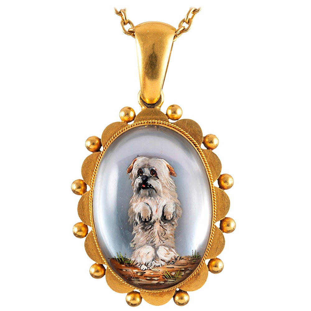1890s Victorian Reverse Intaglio Pearl Gold Crystal Dog Pendant For