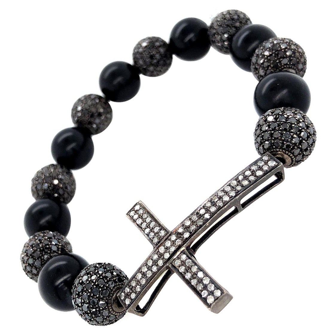 Onyx & Pave Diamond Ball Beaded Bracelet For Sale