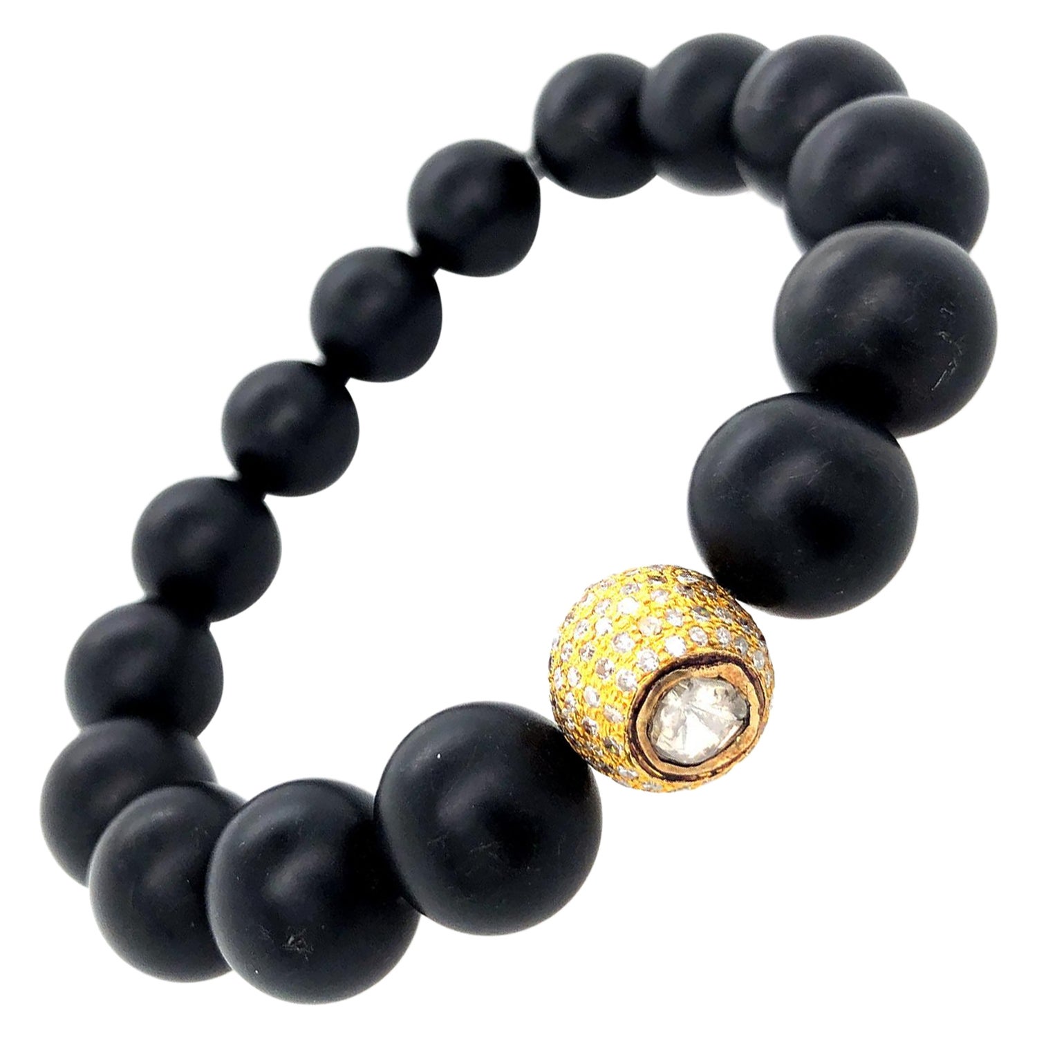 Beaded Onyx Bracelet with Center Pave Diamond Ball in Gold For Sale