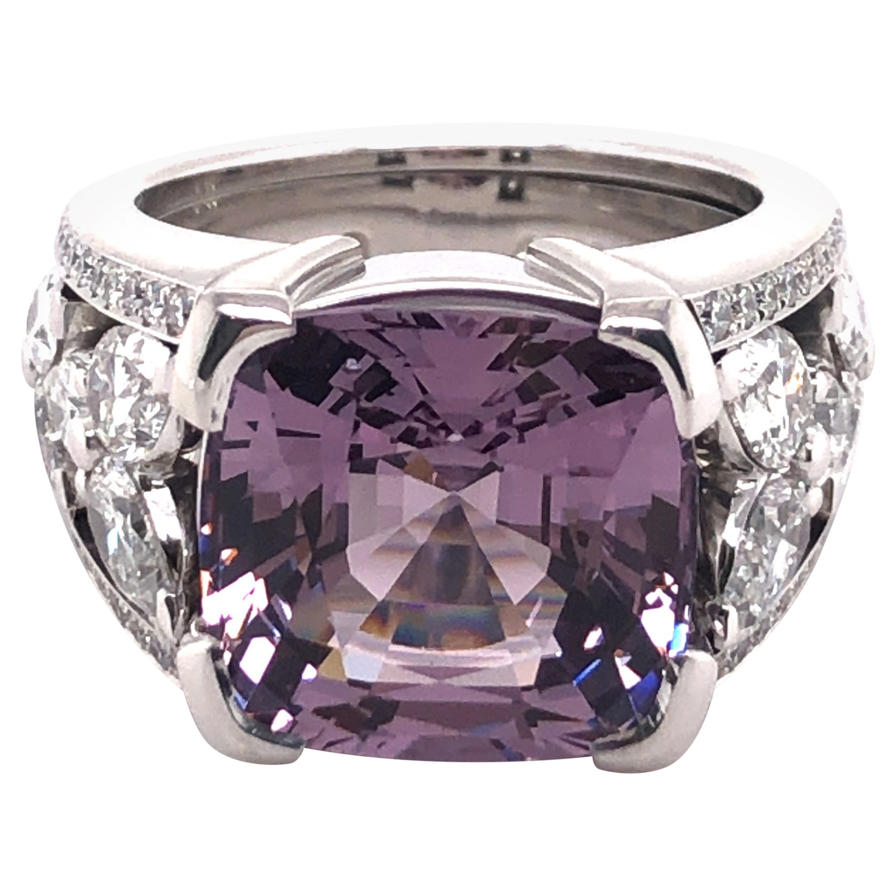 Certified 8.90 Ct Violet Burmese Spinel and Diamond Ring in 18 Karat White Gold For Sale