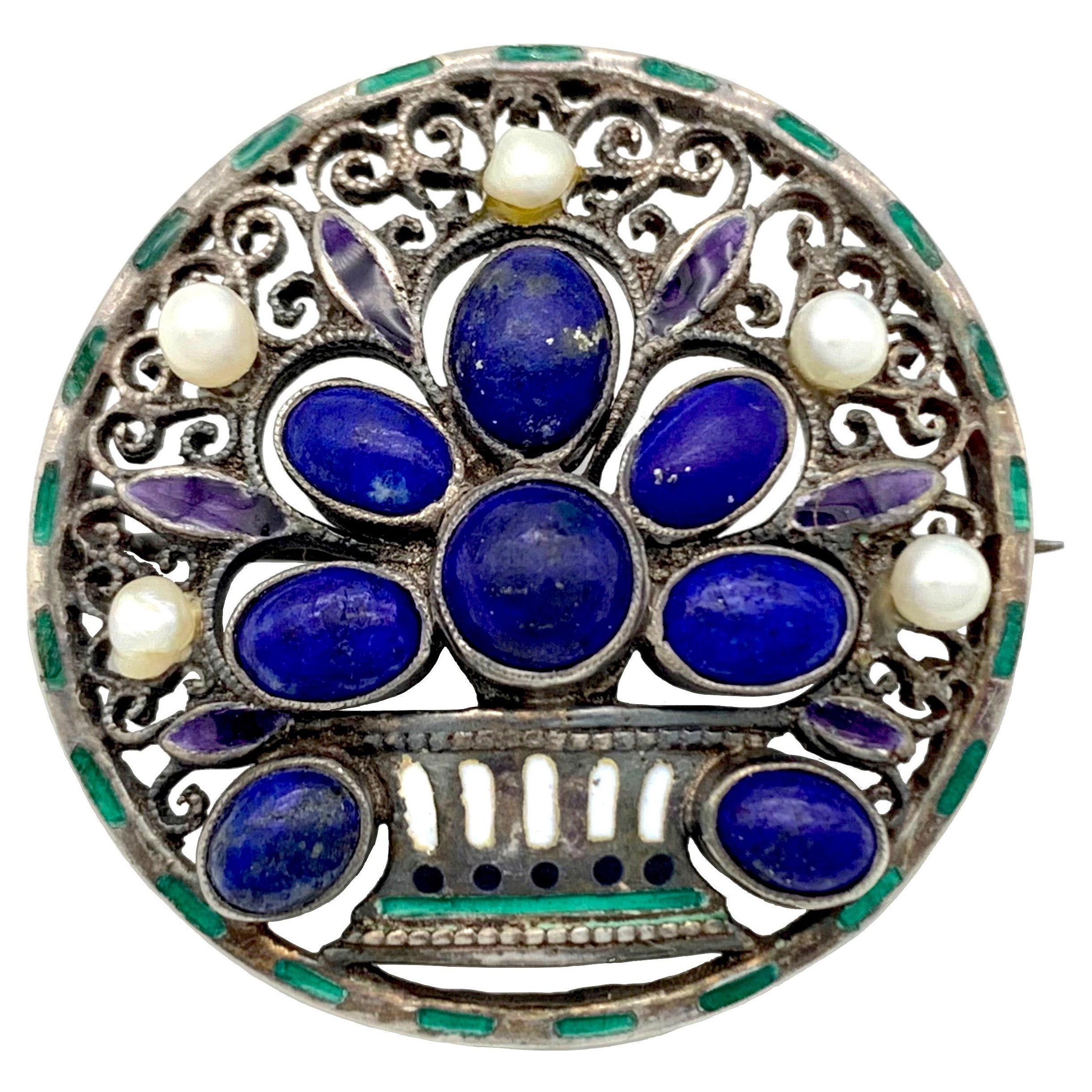 Jugendstil 1906-1908 Theodor Fahrner Silber-Lapis-Emaille-Perlenbrosche 