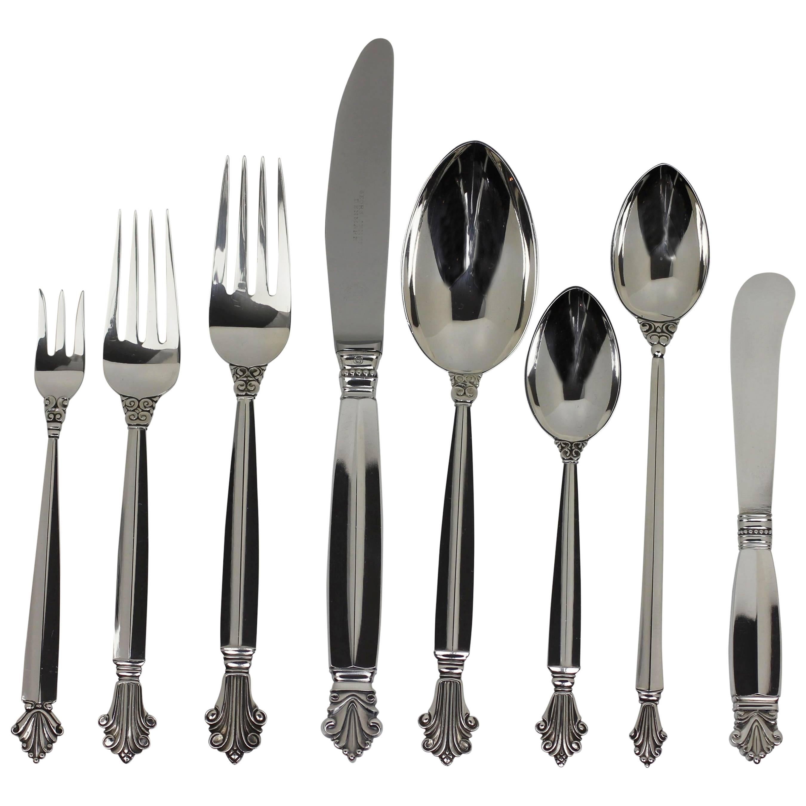 Georg Jensen Sterling Silver Eight-piece Flatware Service for Twelve in Acanthus For Sale