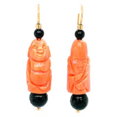 Hand Carved Italian Coral Onyx Yellow Gold Dangle Drop French Wire Earrings 