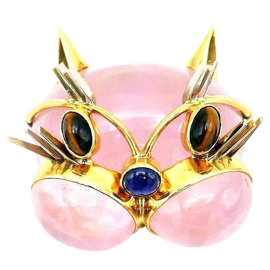 Tiffany & Co. Vintage Pink Quartz Gemstone Yellow Gold Cat Face Brooch For Sale