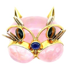 Tiffany & Co. Vintage Pink Quartz Gemstone Yellow Gold Cat Face Brooch