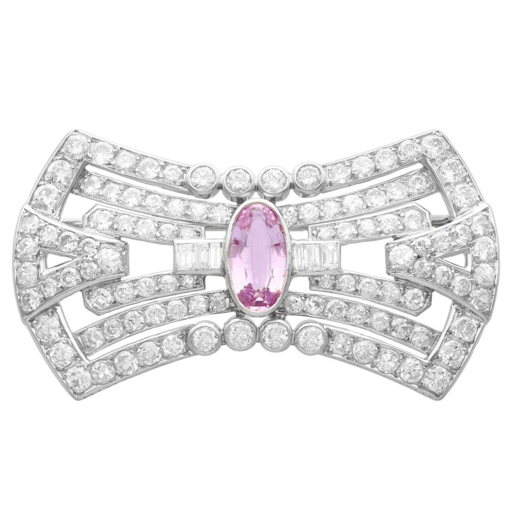 Antique French 3.08 Carat Pink Topaz and 7.02 Carat Diamond and Platinum Brooch For Sale