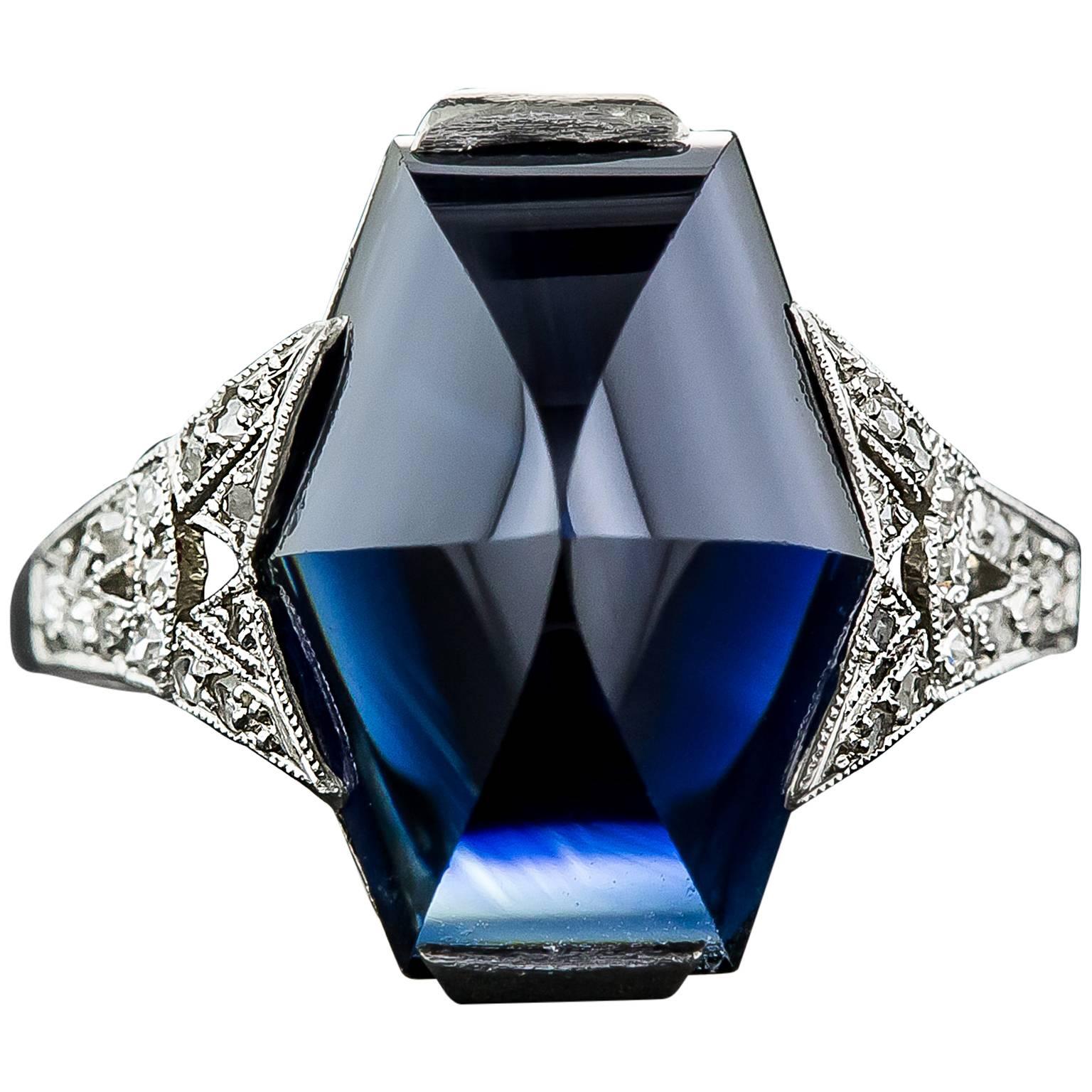 7.25 Carat French Art Deco Sapphire Diamond Platinum Ring For Sale