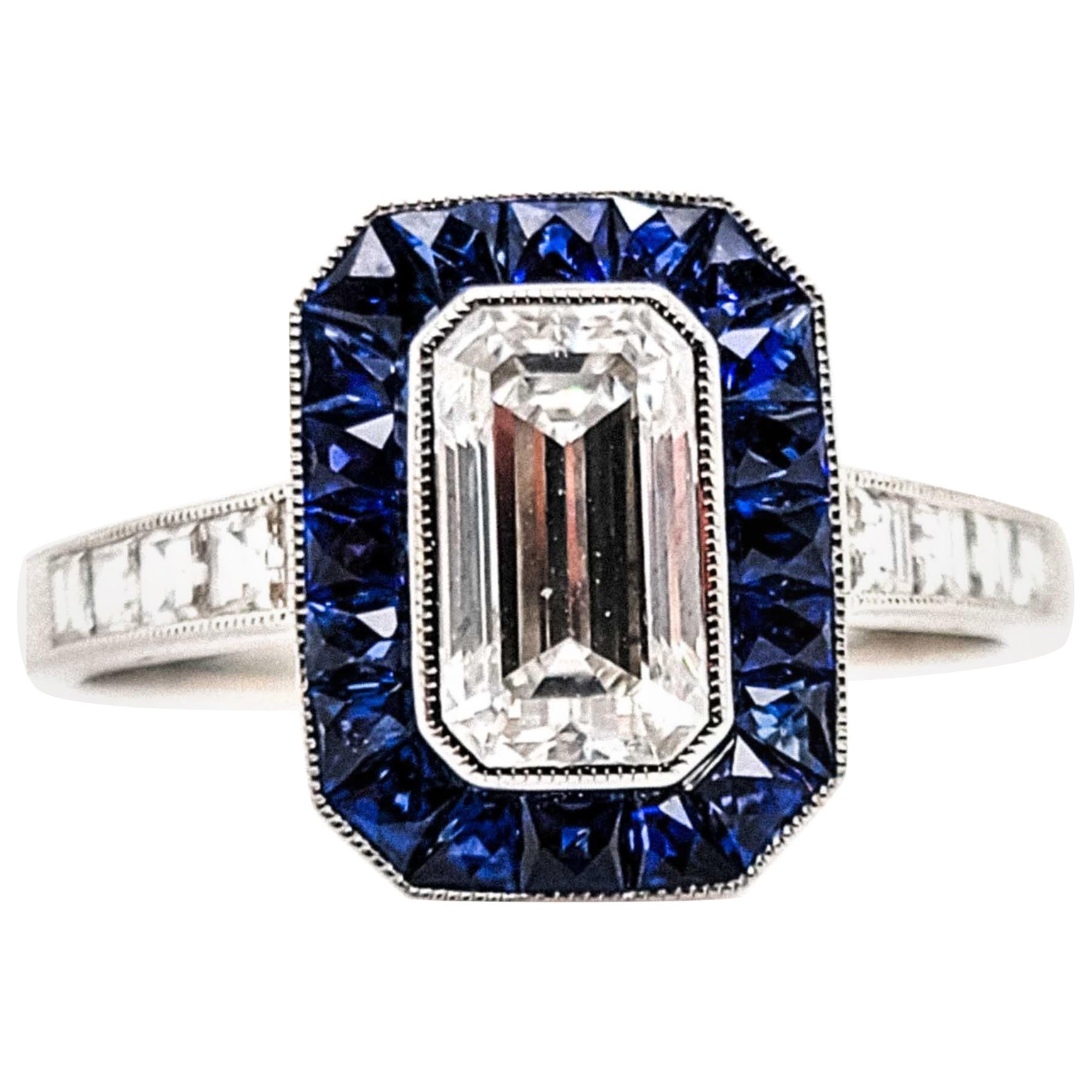 Sophia D. GIA Certified 1.03 Carat Emerald Cut Diamond and Blue Sapphire Ring