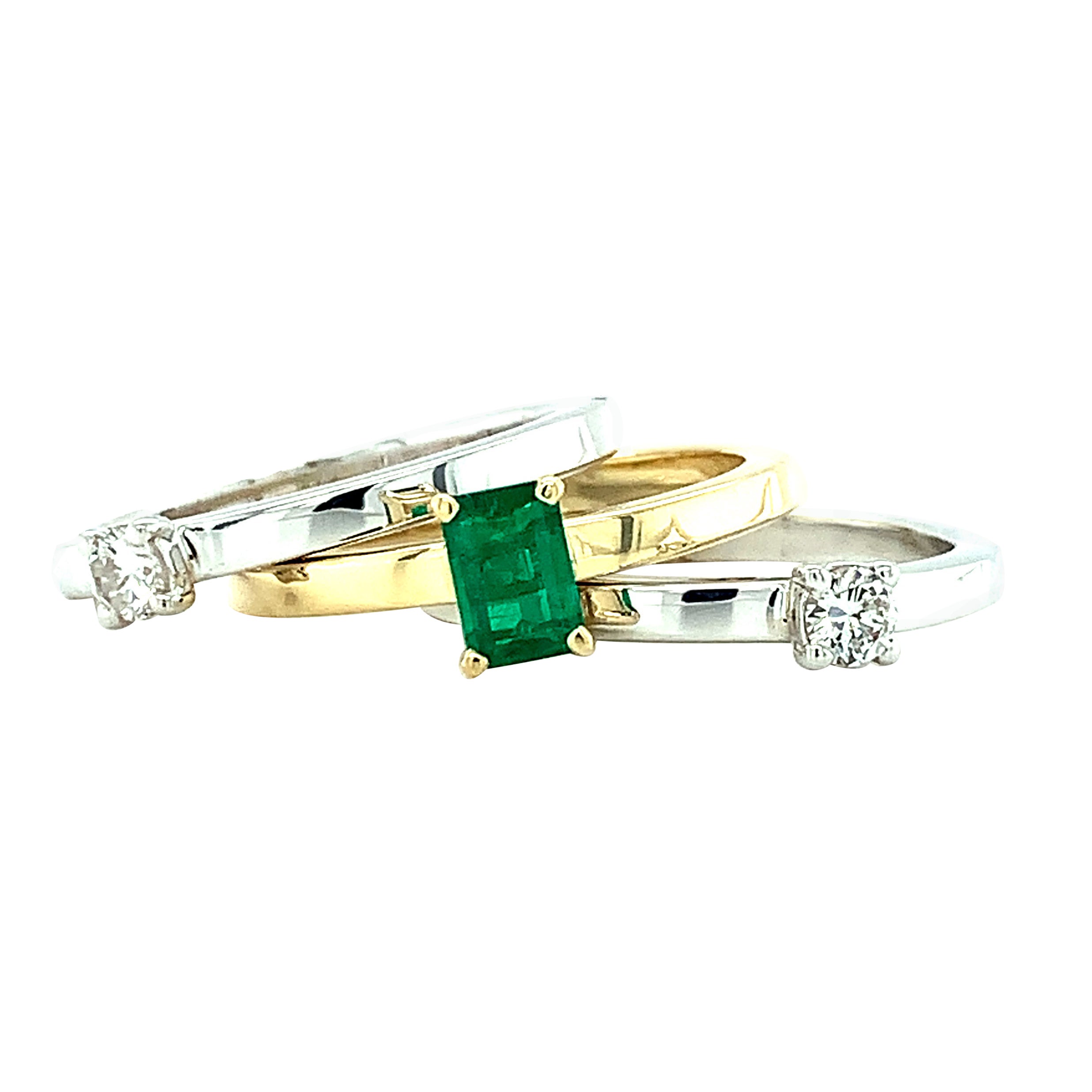 .30 Carat Emerald, Diamond Princess Yellow White Gold Stacking Band Rings