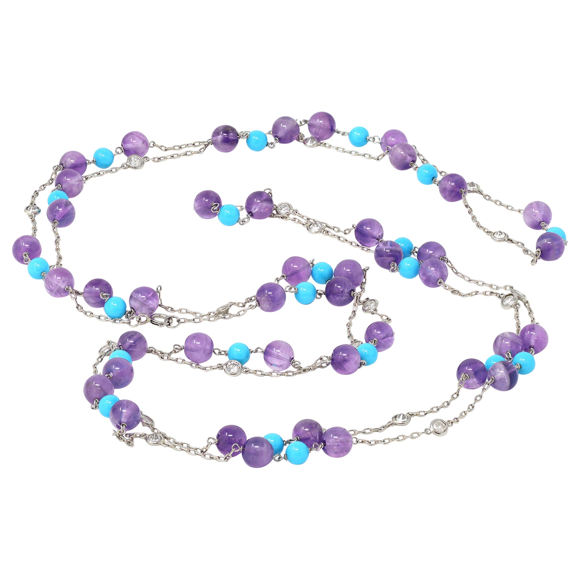Platinum Station Necklace with Amethyst Turquoise and Diamonds