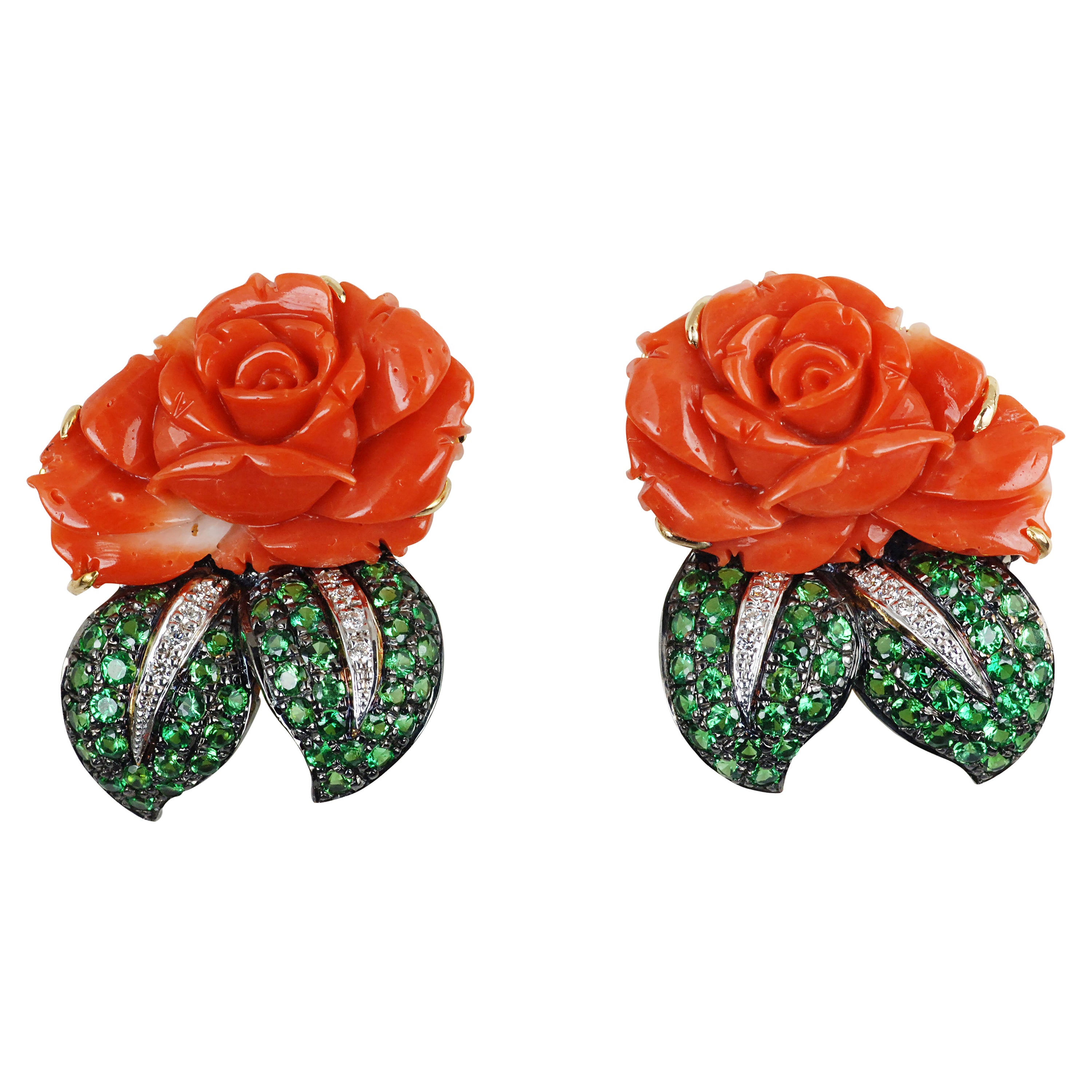Coral with Tsavorite and Diamond Flower Earrings Set in 18 Karat Gold Settings