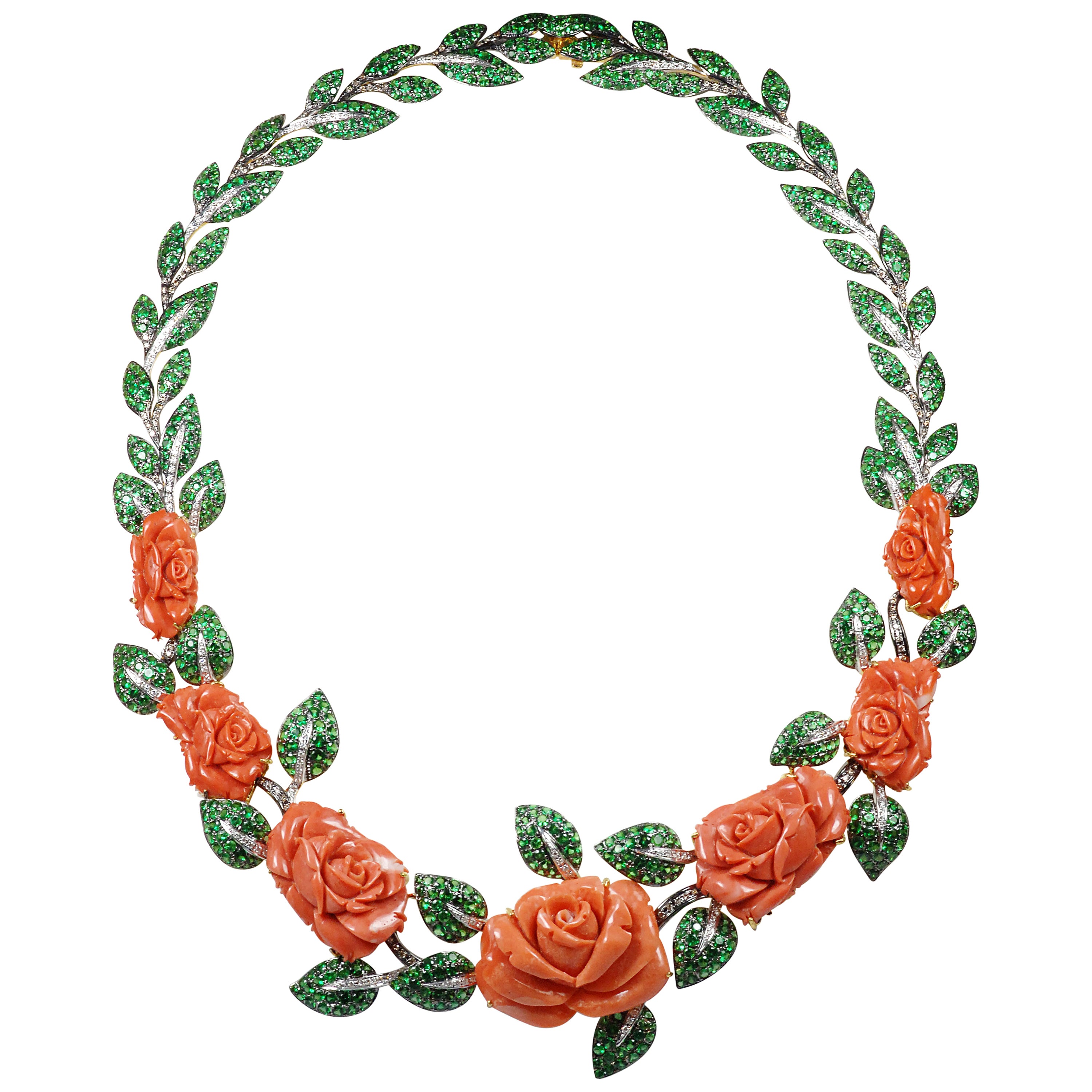 Coral, Tsavorite, Brown Diamond and Diamond Flower Necklace in 18 Karat Gold For Sale