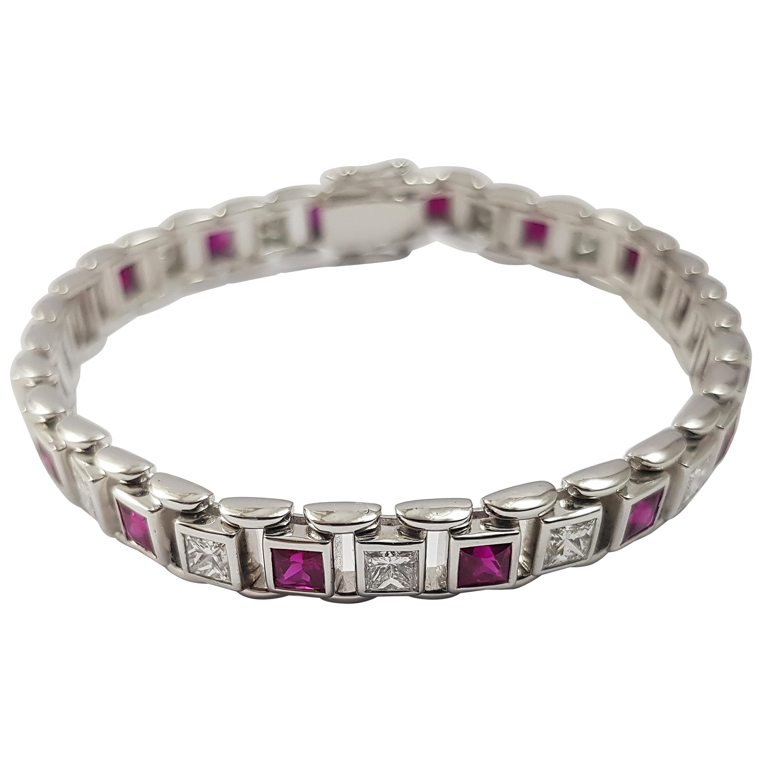 Ruby with Diamond Bracelet Set in 18 Karat White Gold Settings For Sale