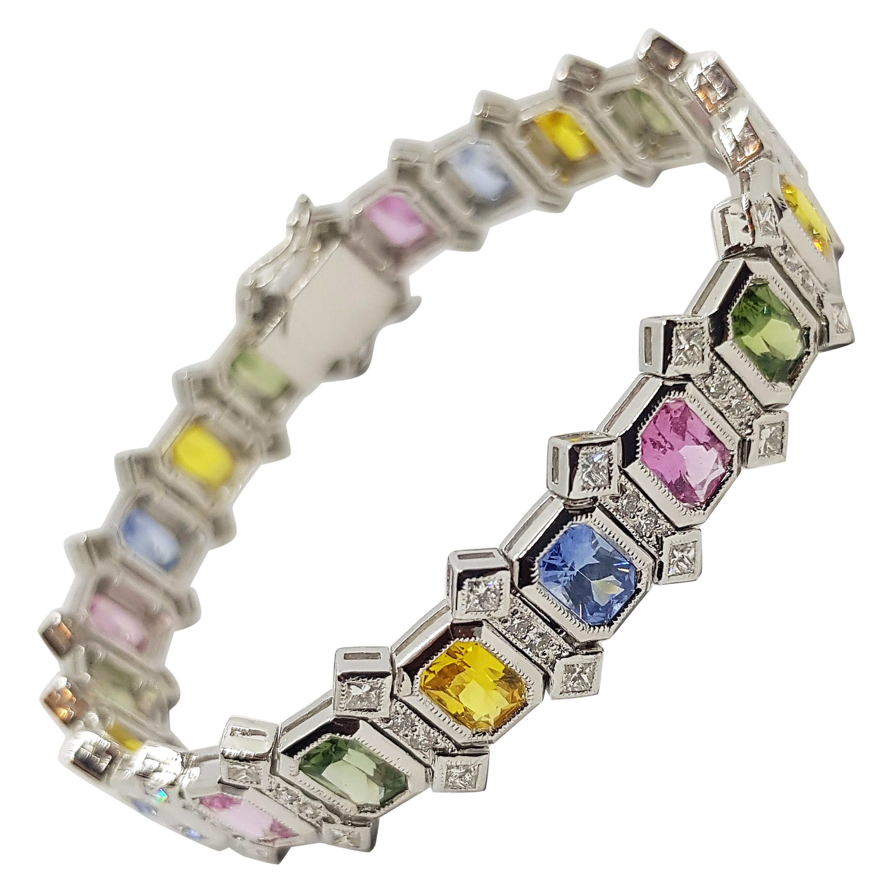 Multi-Color Sapphire with Diamond Bracelet Set in 18 Karat White Gold Setting