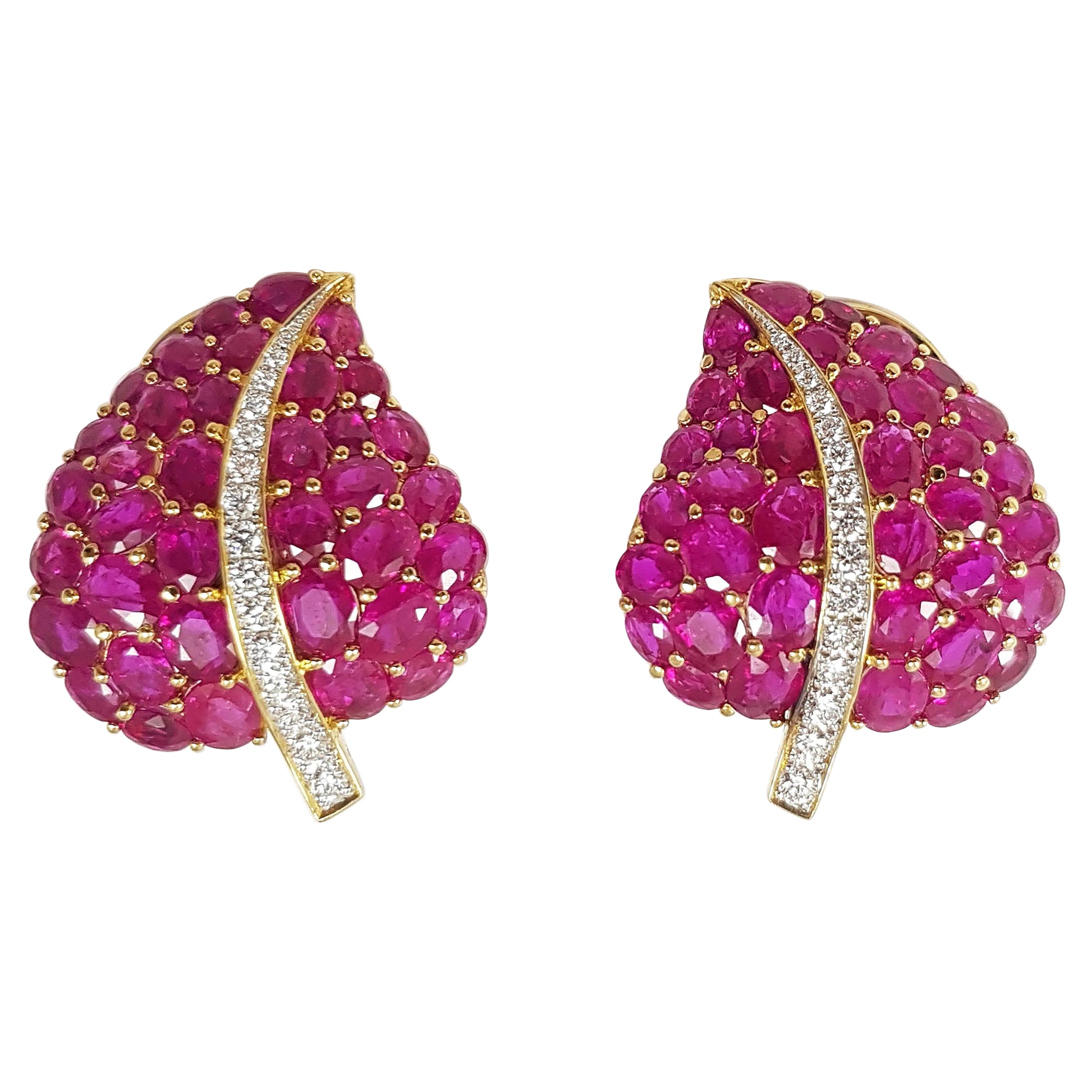 Ruby with Diamond Leaf Earrings Set in 18 Karat Gold Settings For Sale
