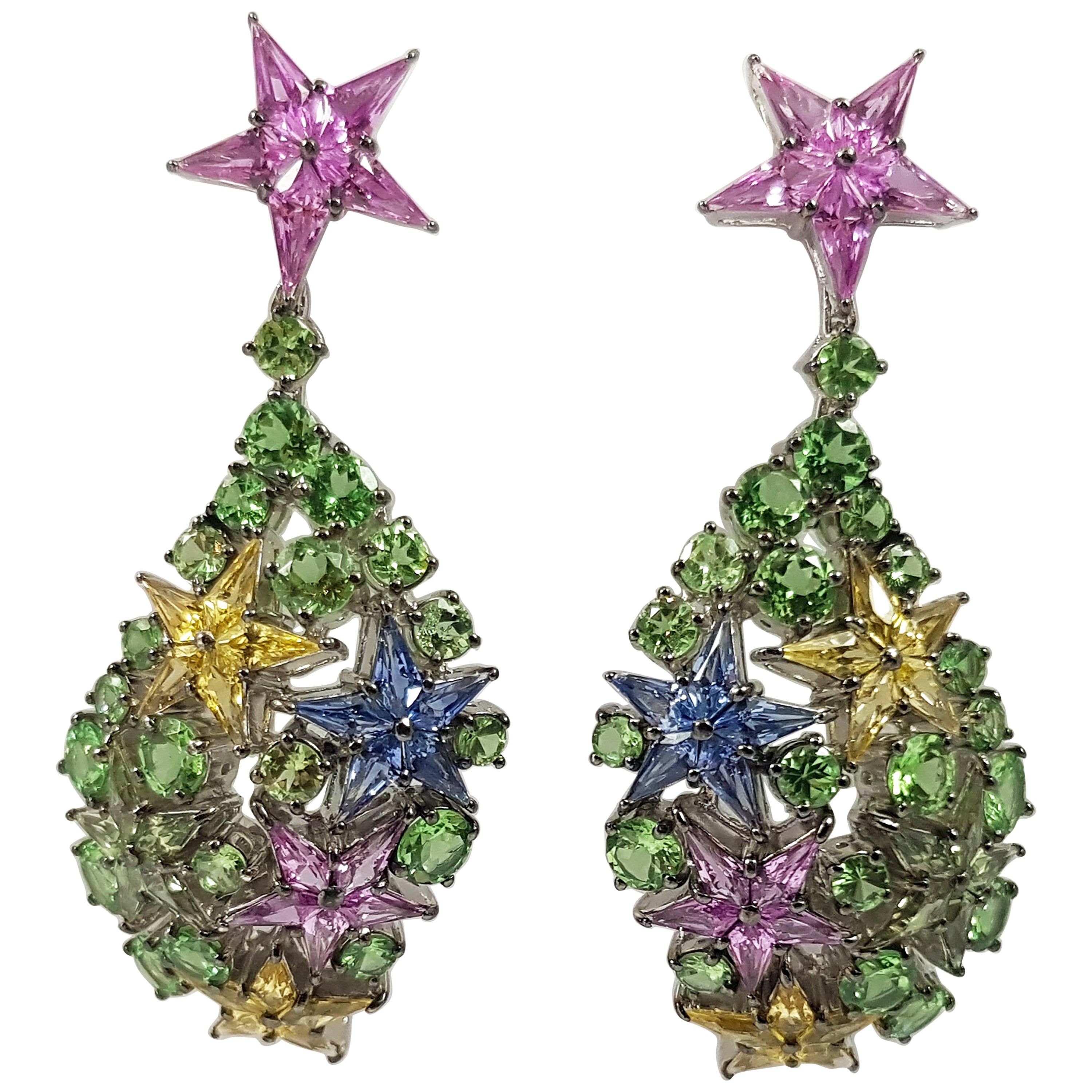 Multi-Color Sapphire with Tsavorite Star Earrings Set in 18 Karat White Gold For Sale