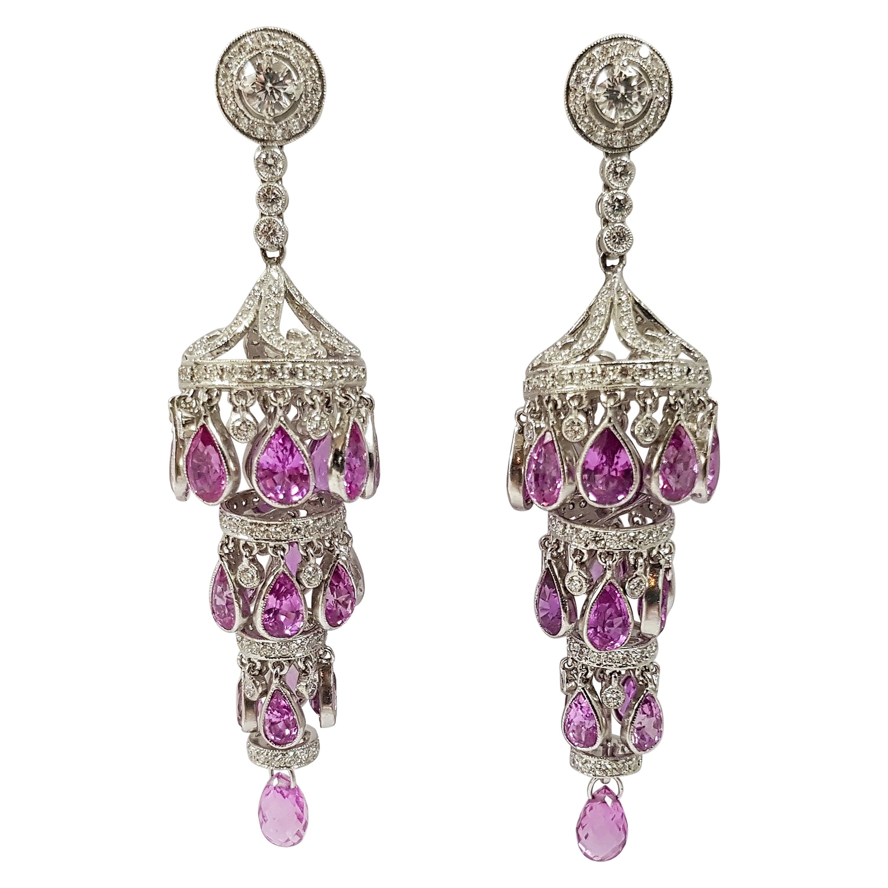 Pink Sapphire with Diamond  Earrings Set in 18 Karat White Gold Settings For Sale