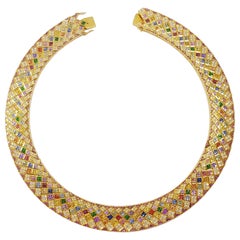 Halskette aus 18 Karat Gold mit mehrfarbigem Saphir, Diamant und rosa Saphir