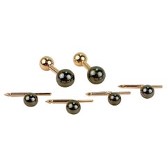 Retro Hematite & 18 Karat Cufflink & Button Dress Set, Ex-Firestone & Parson