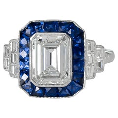 Gorgeous GIA Certified 1.76 Carat Emerald Cut Diamond Platinum Sapphire Ring