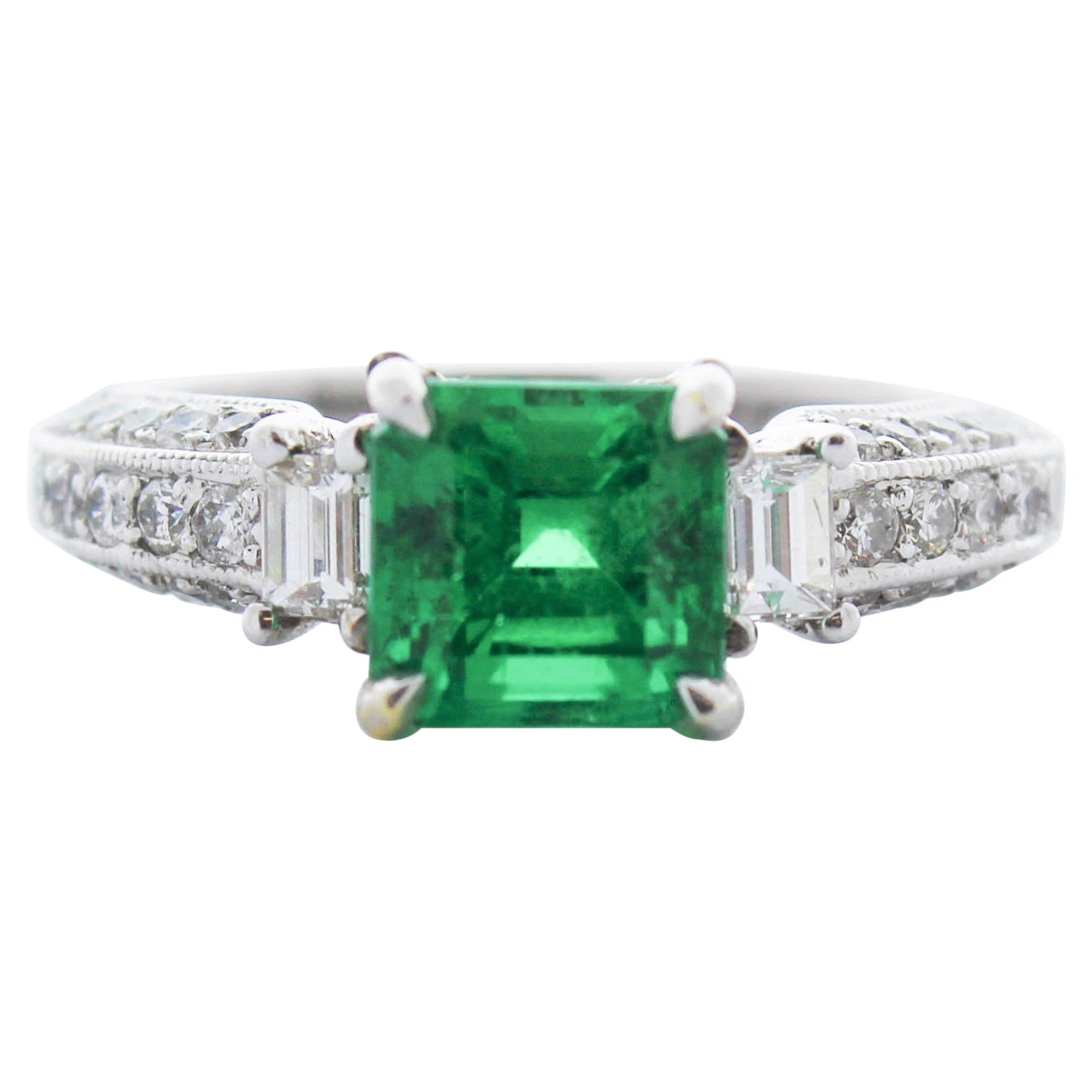 1.85 Carat Square Emerald & Diamond Cocktail Ring in 14 K White Gold For Sale