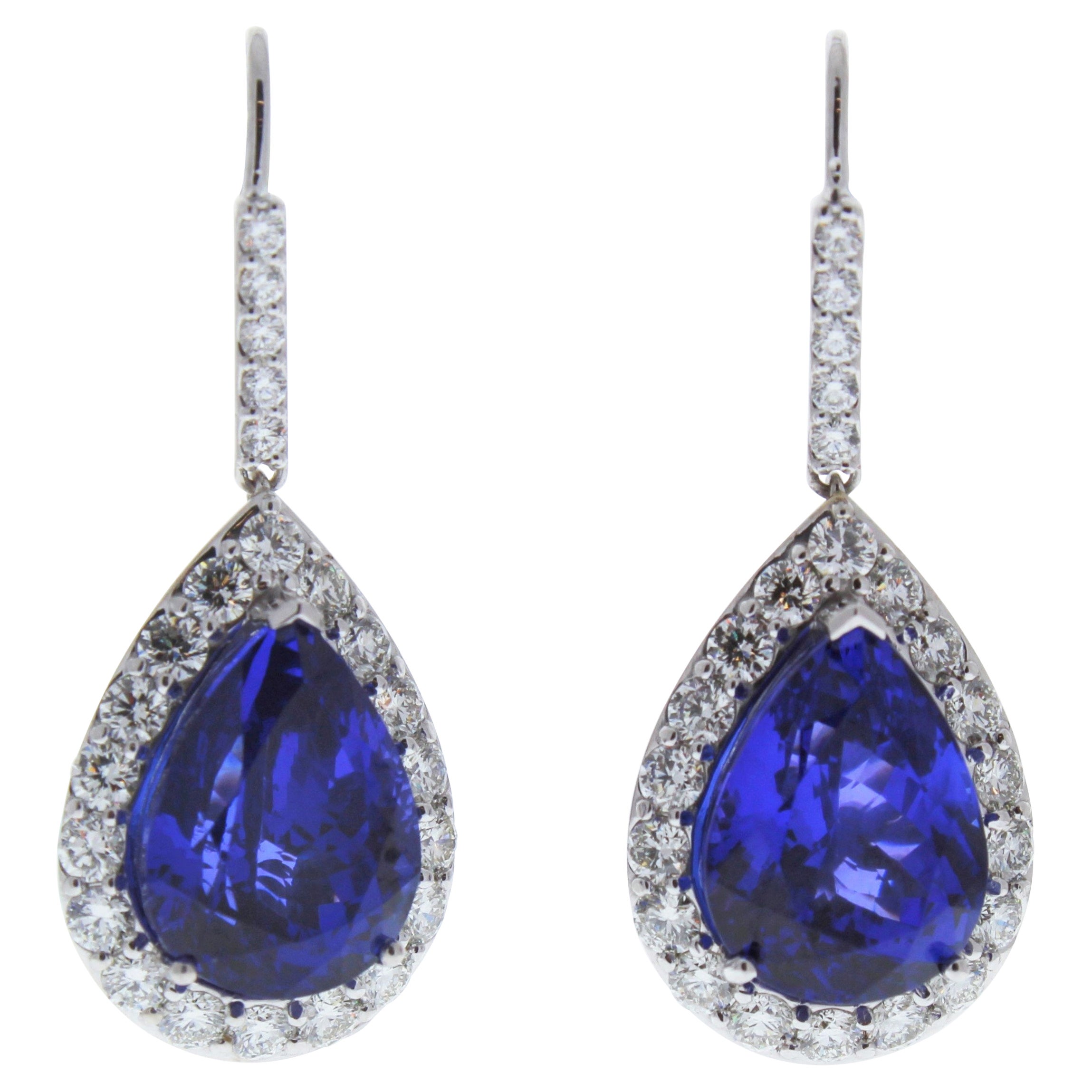 23 Carat Total Pear Shaped Tanzanite & Diamond Dangle Earrings in 18K White Gold For Sale