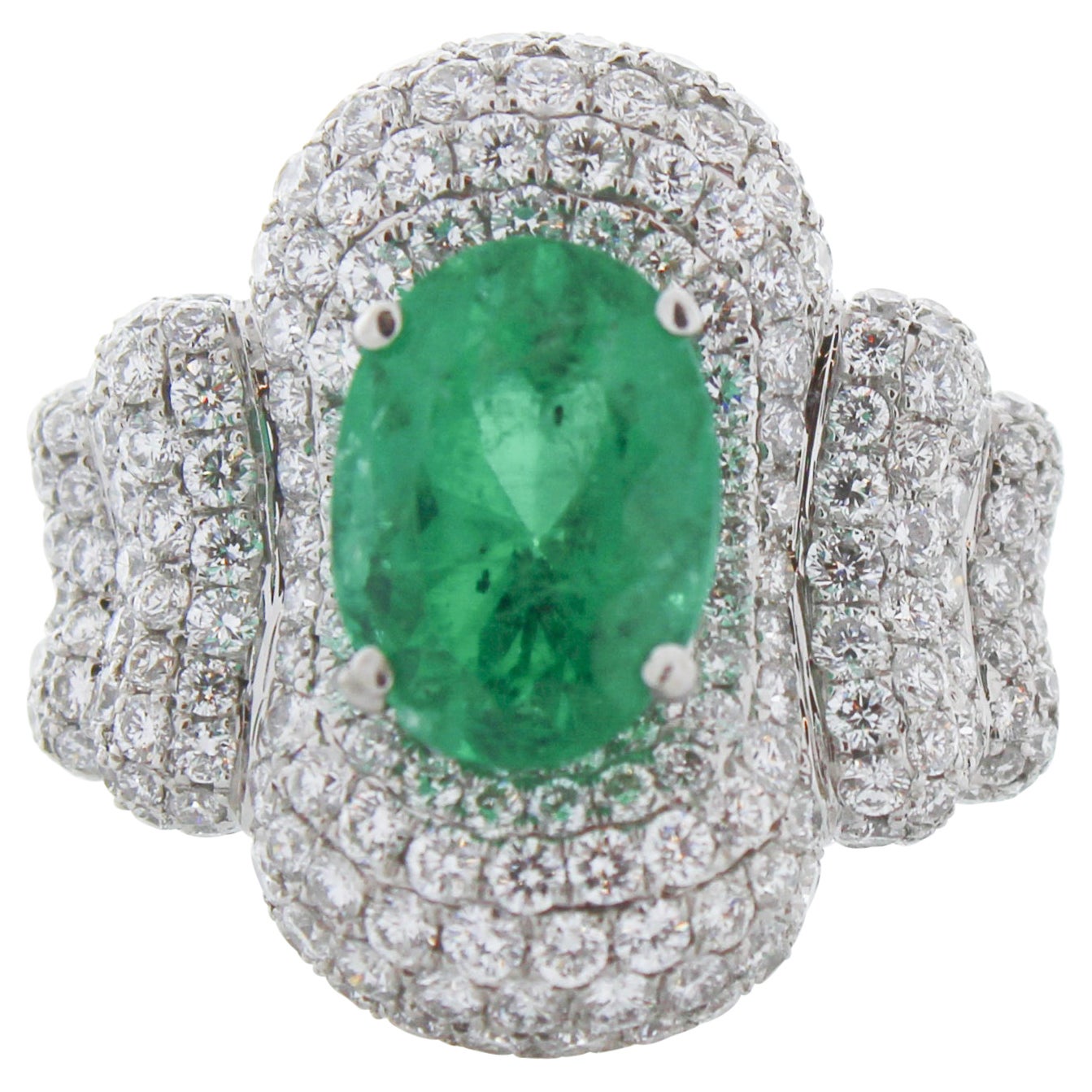 2.87 Carat Oval Emerald & Diamond Cocktail Ring in 18K White Gold For Sale