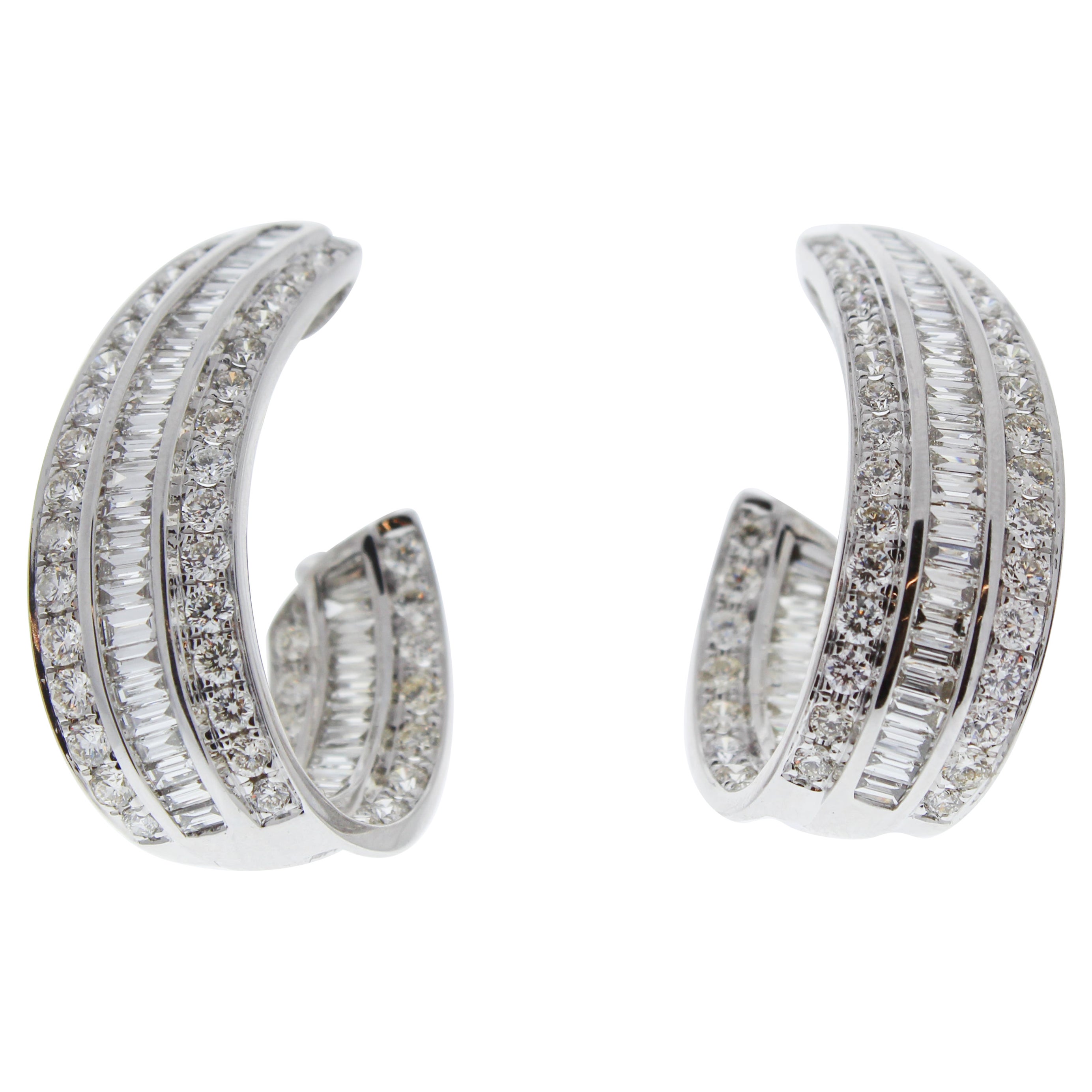 7.85 Carat total Diamond In & Out J Hoops Earrings in 18K White Gold For Sale