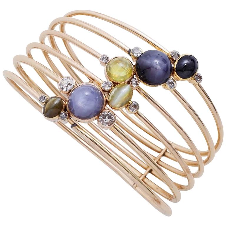 Constellation Cat's Eye Sapphire Diamond Gold Bangle Bracelet For Sale