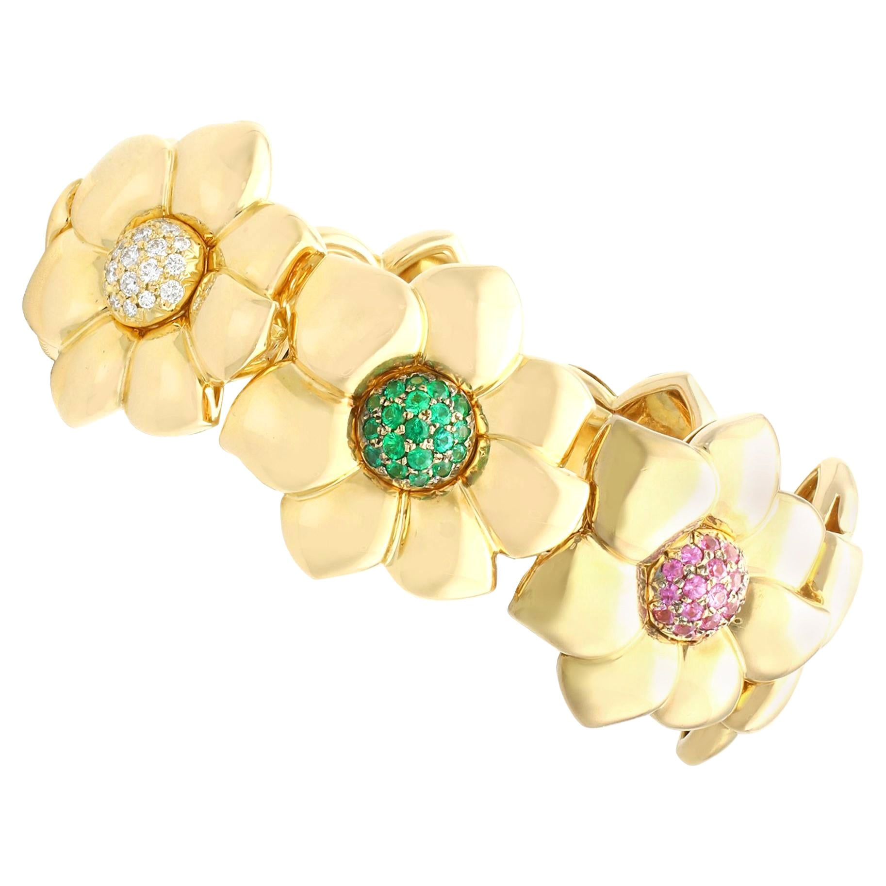 Vintage Ruby Emerald and Diamond Yellow Gold Bracelet