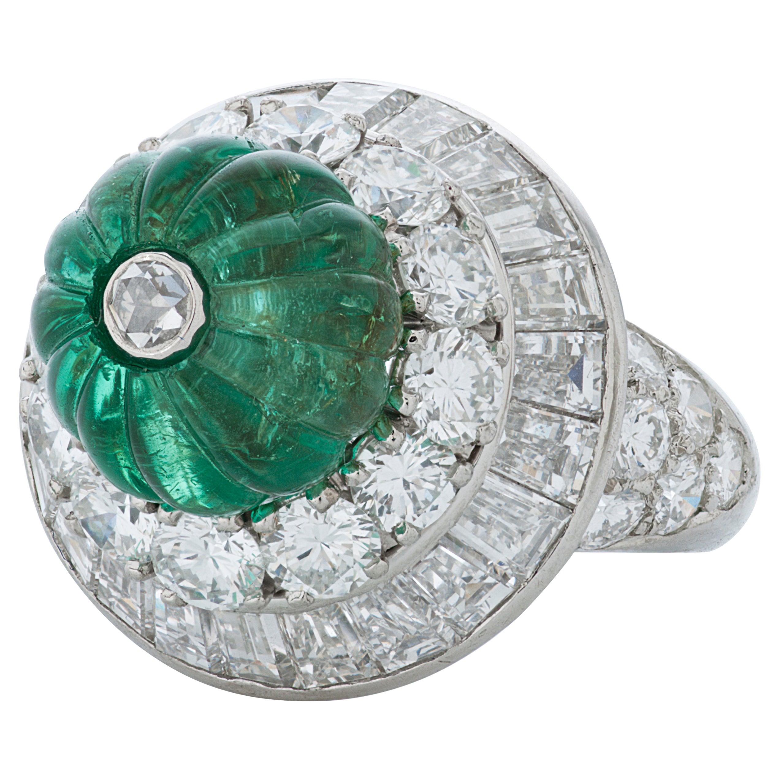 Vintage David Webb 5.10ct Carved Emerald Bead and Diamond Ring in Platinum&18kwg