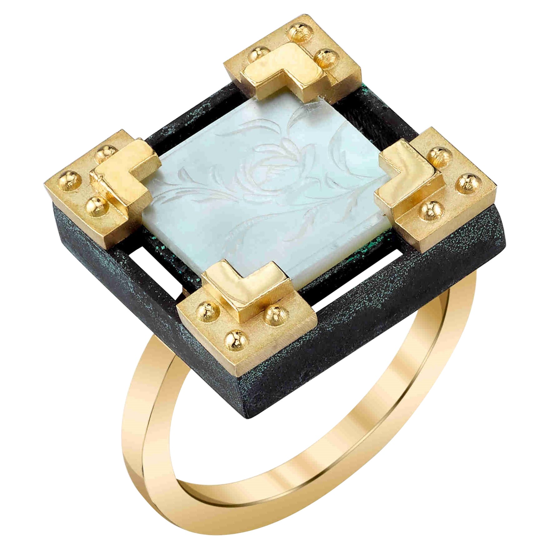 Antique Mother-of-Pearl Gaming Counter 18k Yellow Gold & Silver Ring with Bands For Sale
