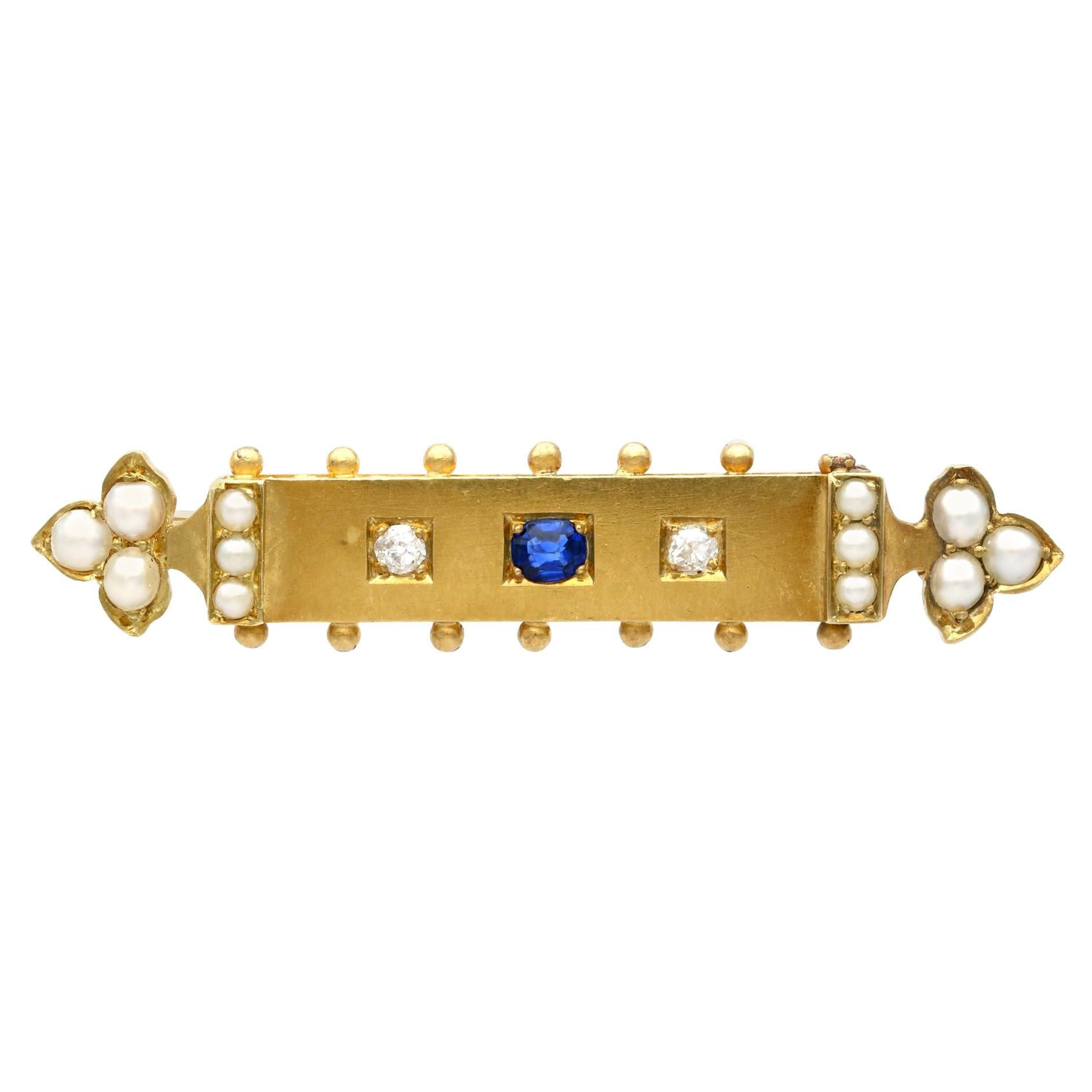 Antique Victorian Sapphire Diamond and Pearl Yellow Gold Bar Brooch, circa 1890 For Sale