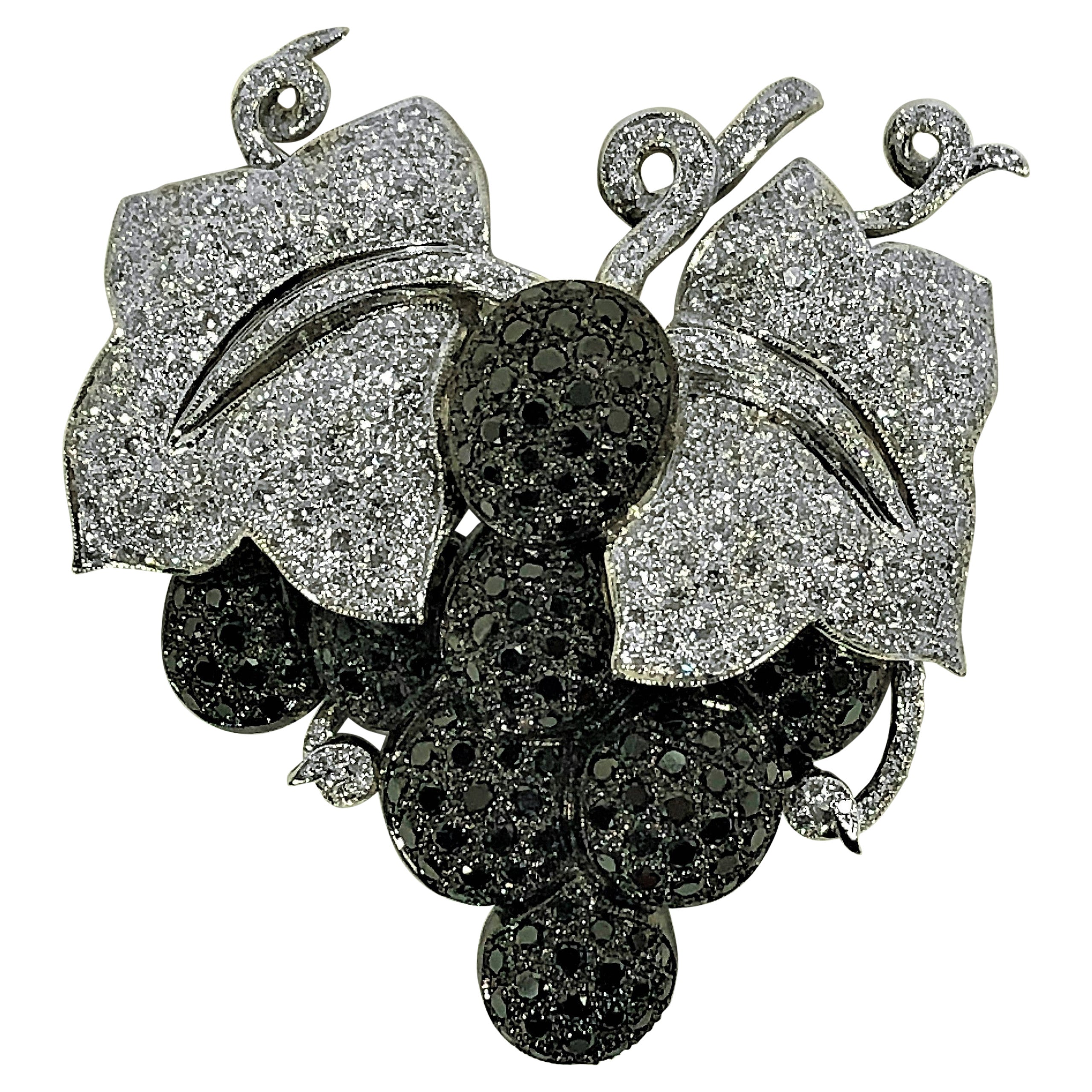 "Fruit of the Vine" Brooch with White and Black Diamonds in 18K White Gold