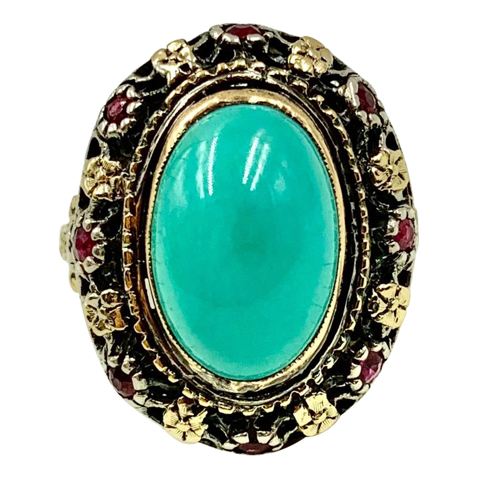 Antique Renaissance Style Turquoise, Ruby 18K Filigree Gold Ring, 19th Century For Sale