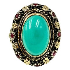 Retro Renaissance Style Turquoise, Ruby 18K Filigree Gold Ring, 19th Century