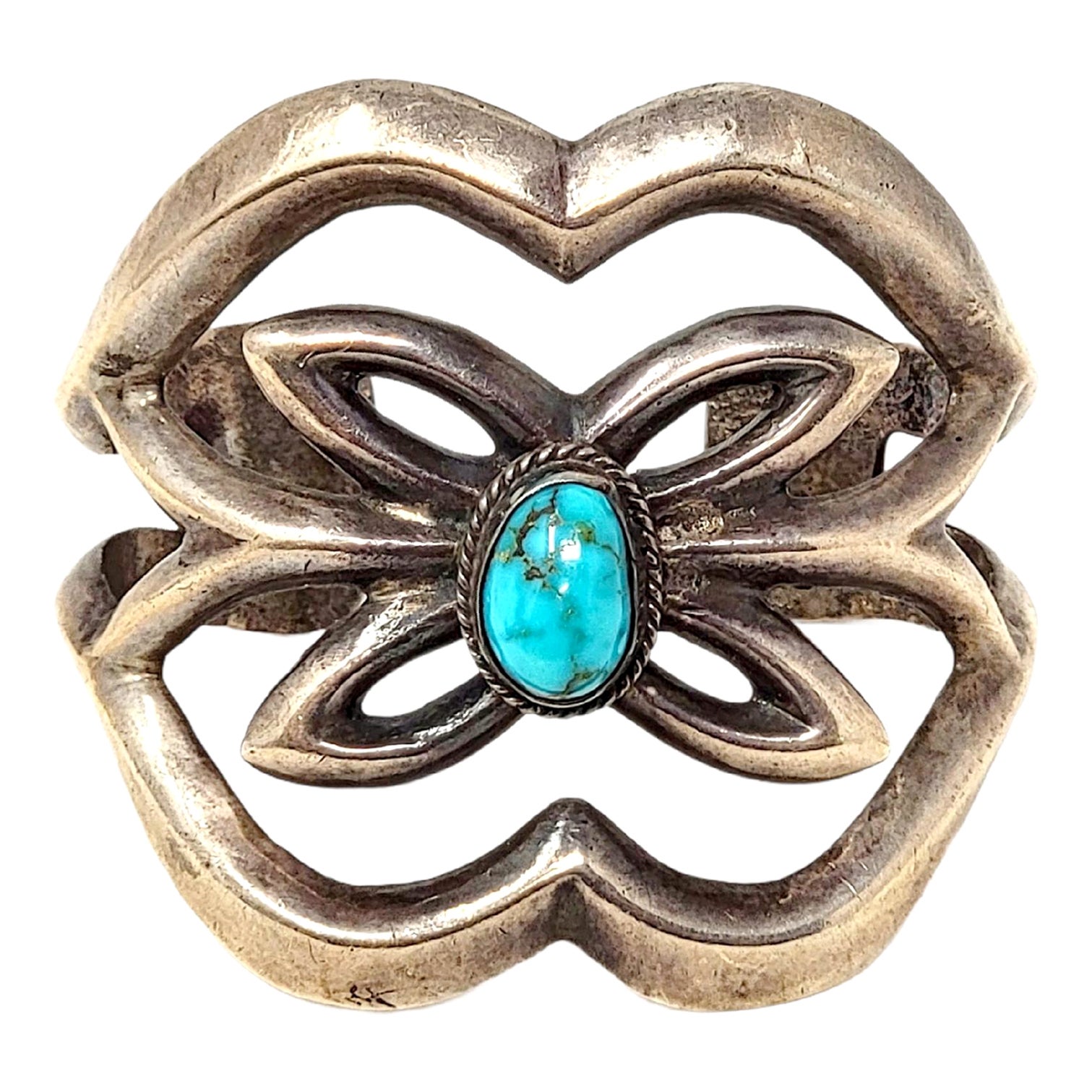 Vintage Navajo Sterling Silver Sandcast Wide Cuff Bracelet Turquoise Butterfly For Sale